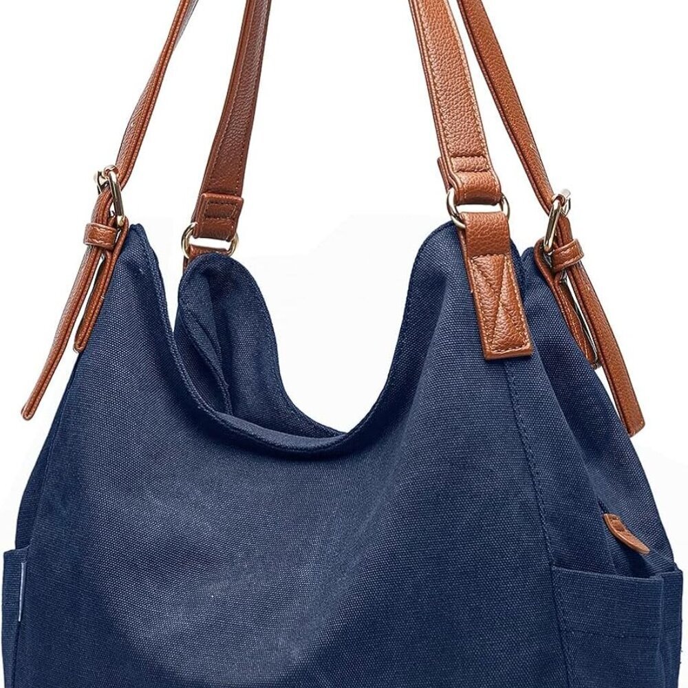 Worldlyda Women Canvas Hobo Purse Multi Pocket Tote Shopper Shoulder Bag Casual